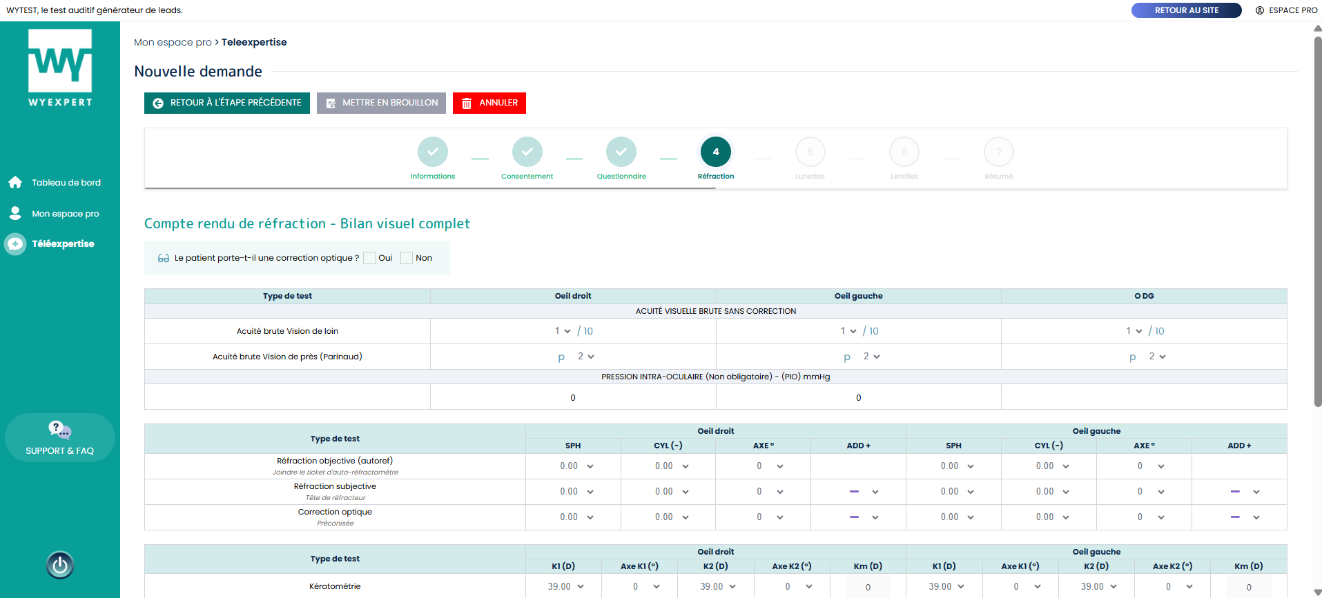 Interface plateforme WyExpert - Compte rendu de r&eacute;fraction